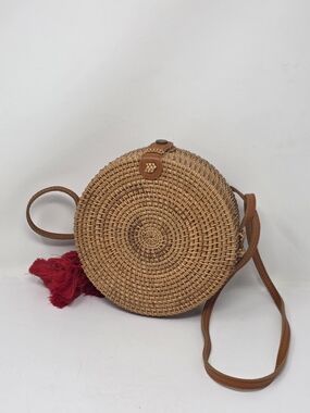 Round Woven wicker and leather Crossbody Bag - Tan with Red Tassel New Condition